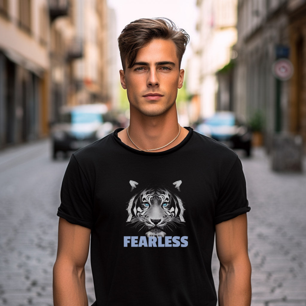 man wearing a black t-shirt with a fearless tiger print