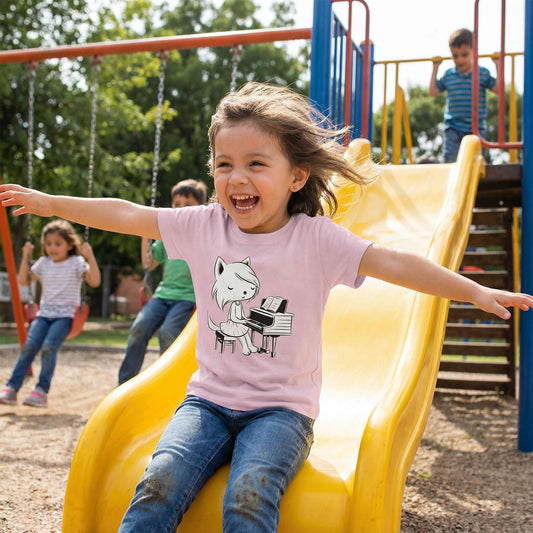 Classic Kids Crewneck T-shirt with Adorable Fox and Piano Print