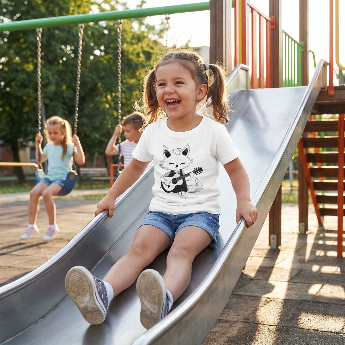 Classic Kids Crewneck T-shirt with Adorable Guitar-Playing Fox Print