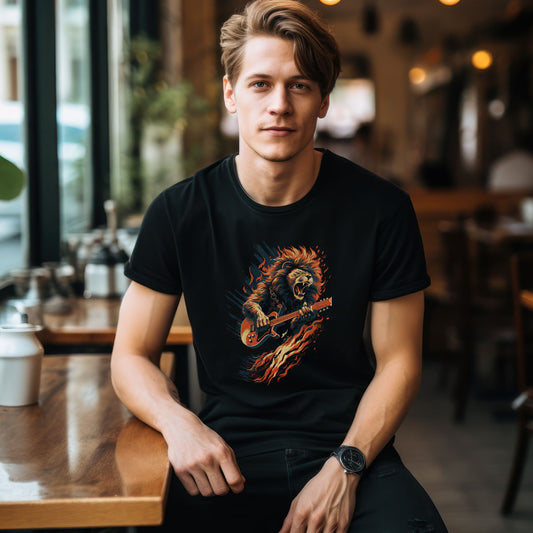 guy in a cafe wearing a black t-shirt with flaming lion playing guitar print