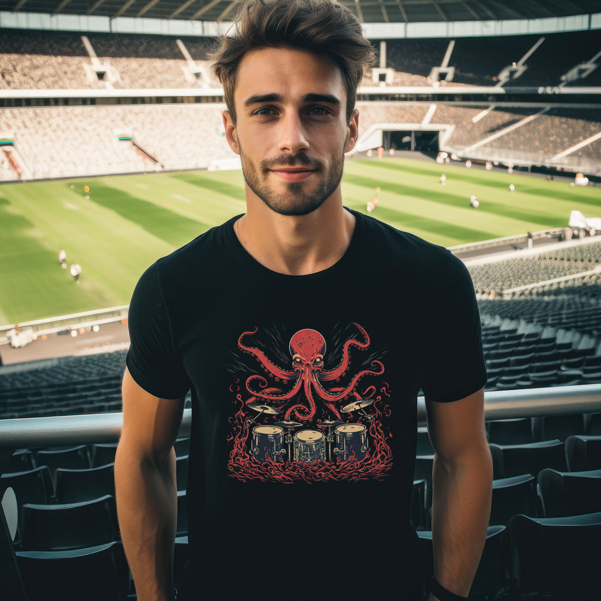 guy in a stadium wearing a black t-shirt with an octopus playing the drums print