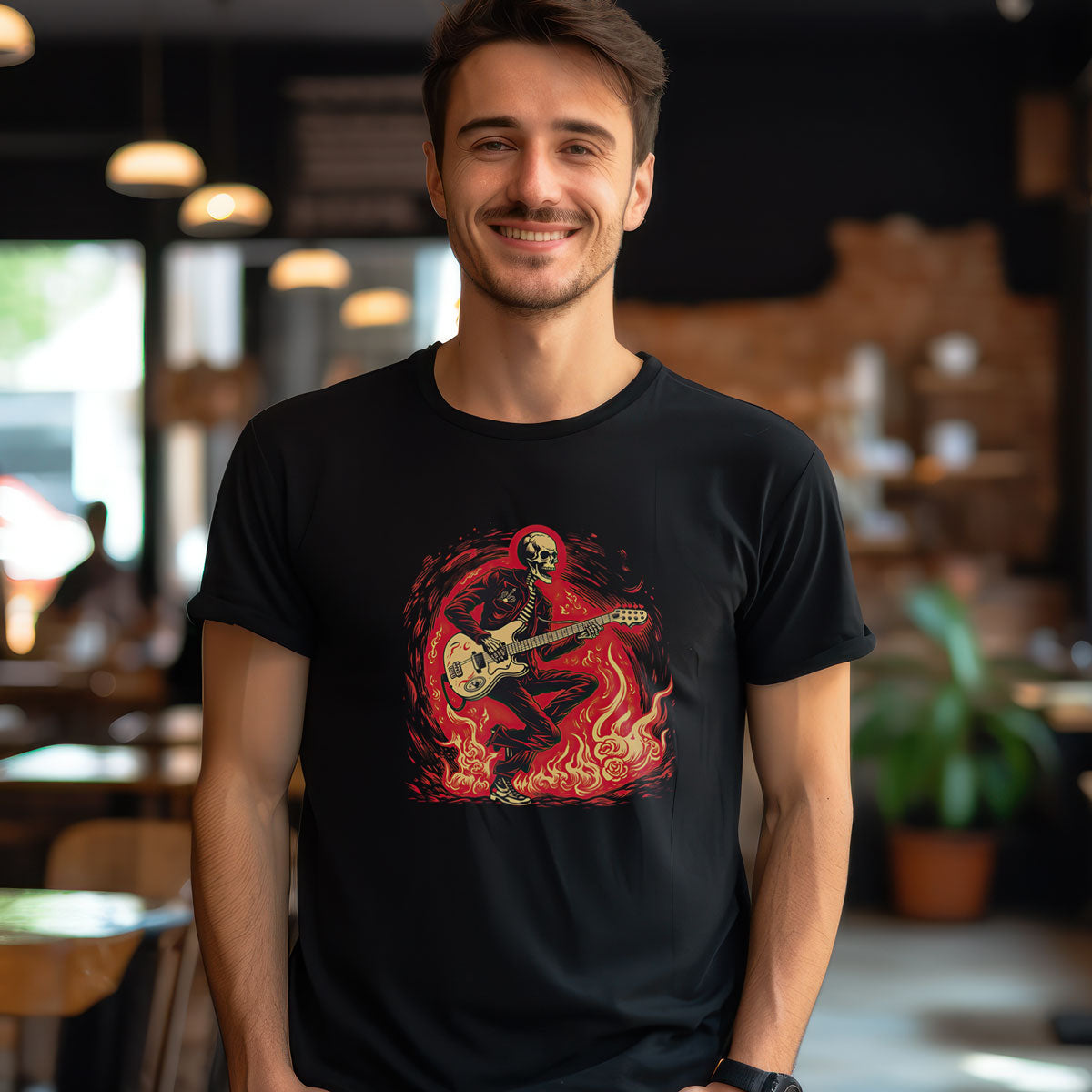 guy in a cafe wearing a black t-shirt with flaming skeleton guitarist print