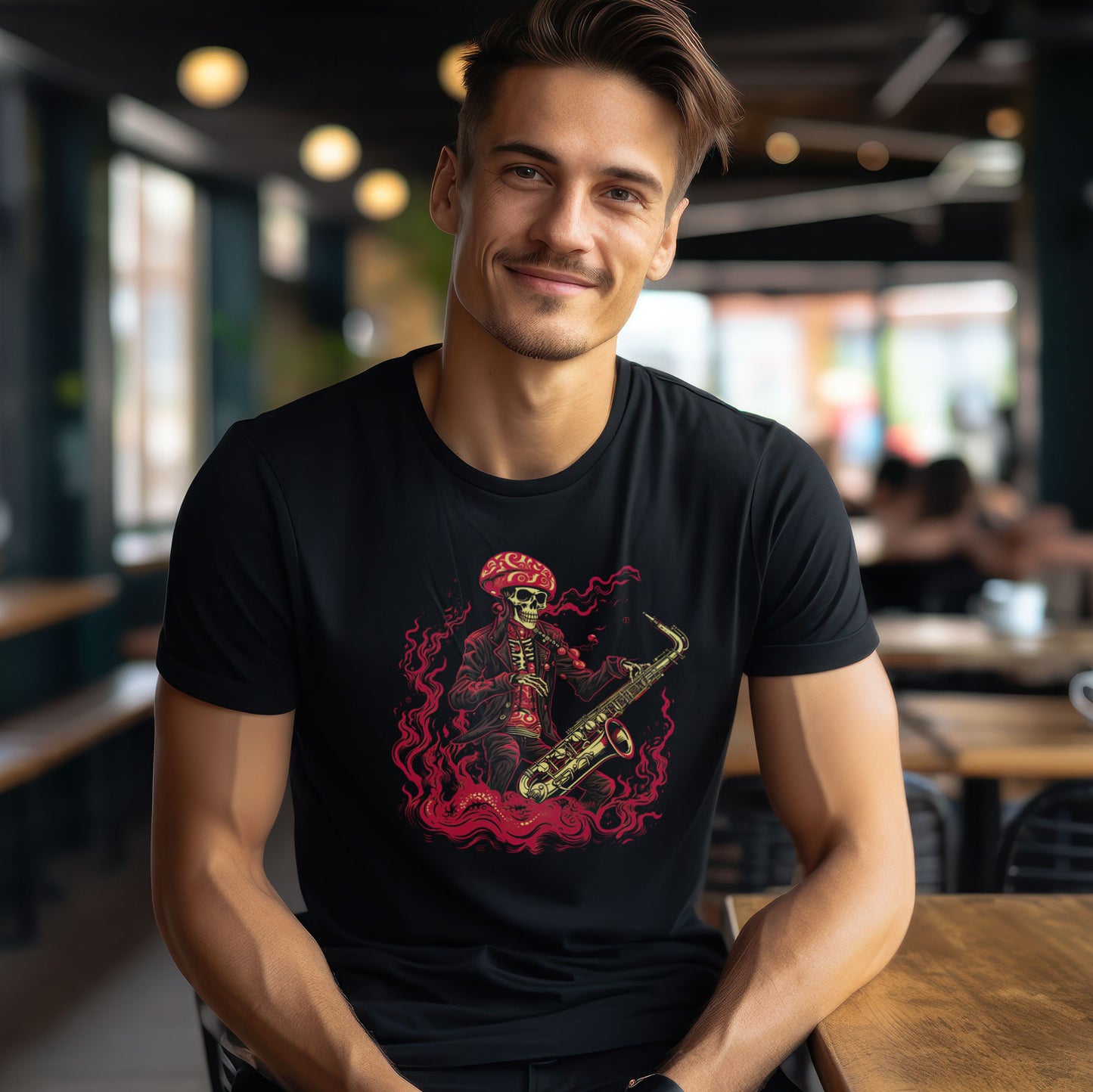 guy in a cafe wearing a black t-shirt with skeleton playing saxophone print