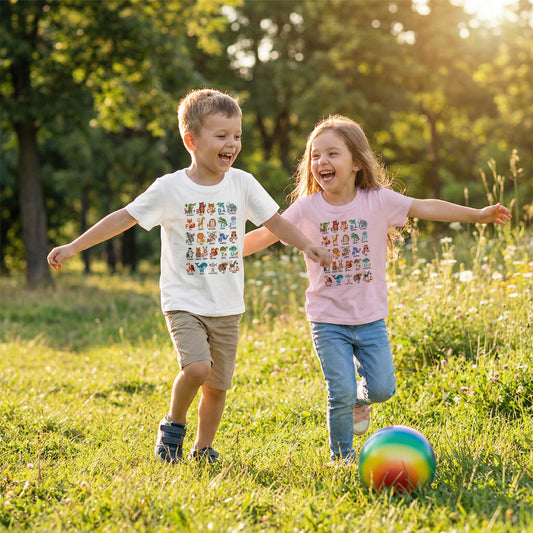 Two young children running and laughing outdoors while wearing colourful Animal Alphabet A–Z T-shirts.