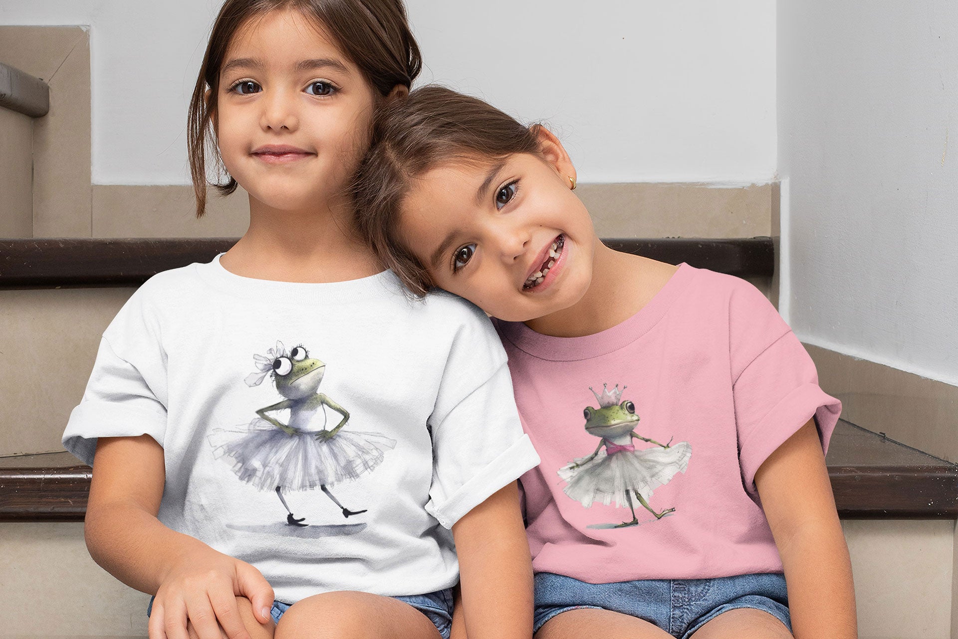 cute girls wearing t-shirts with ballerina frogs printed on them