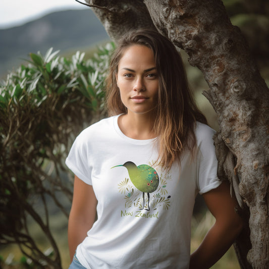 woman wearing a white t-shirt with a New Zealand Kiwi bird