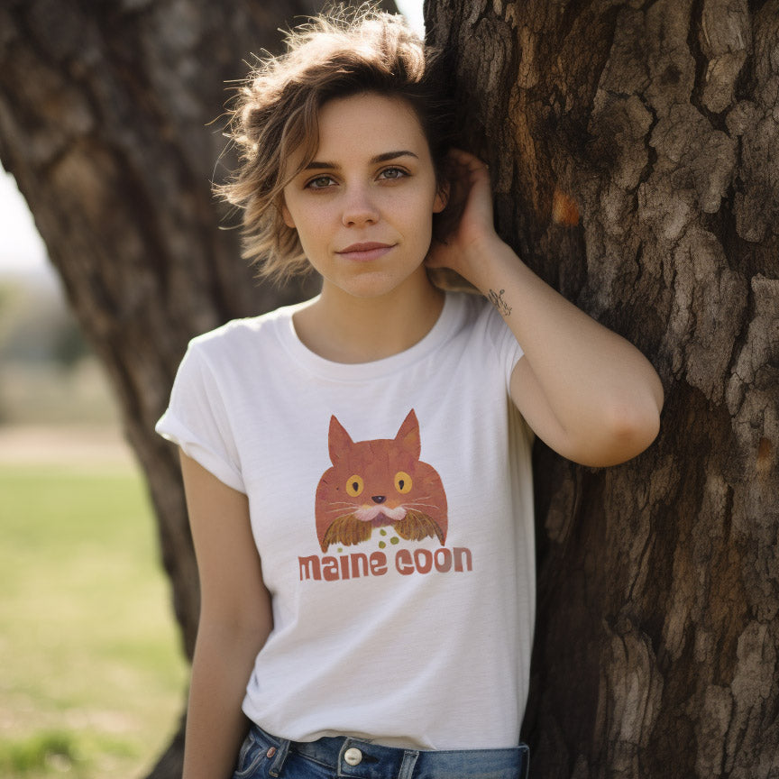 young woman wearing a white t-shirt with a cute maine coon cat print