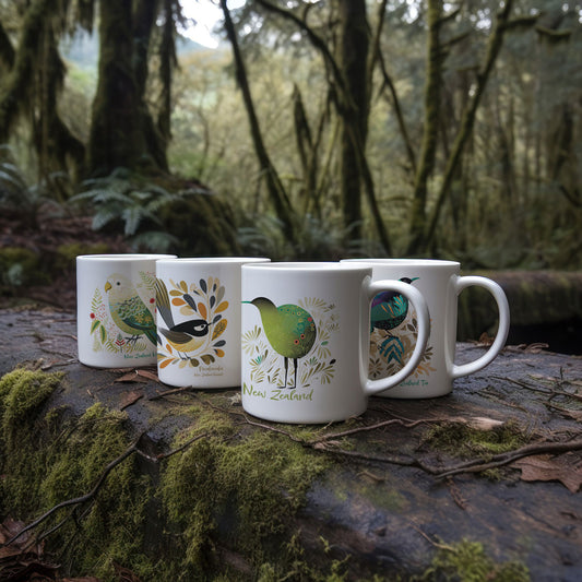 Set of 4 New Zealand Native Bird Coffee Mugs