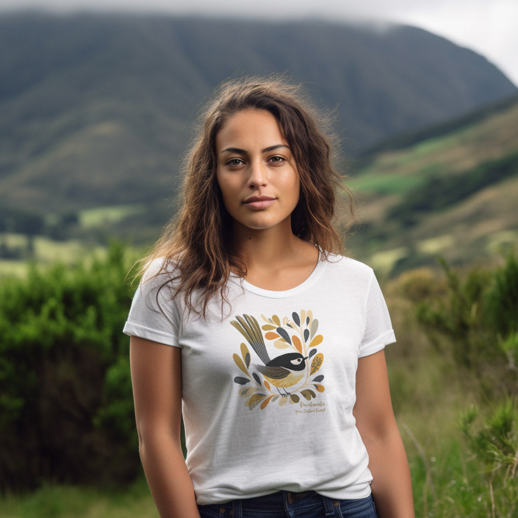 woman wearing a white t-shirt with a New Zealand fantail bird print