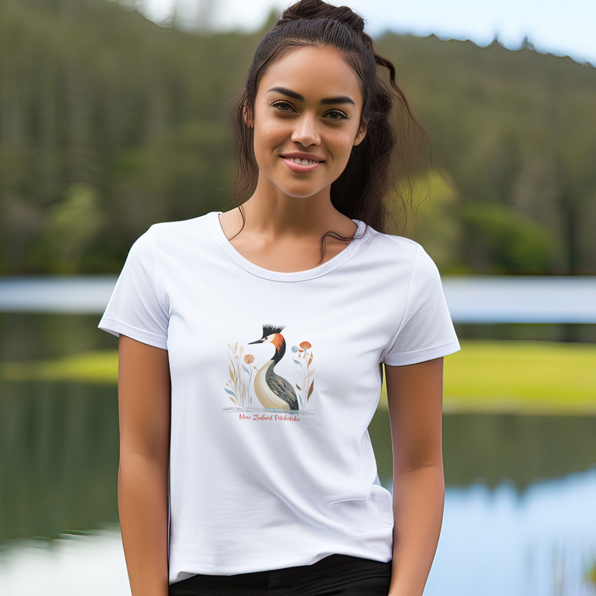 woman standing by a like wearing a white t-shirt with the New Zealand Puteketeke print