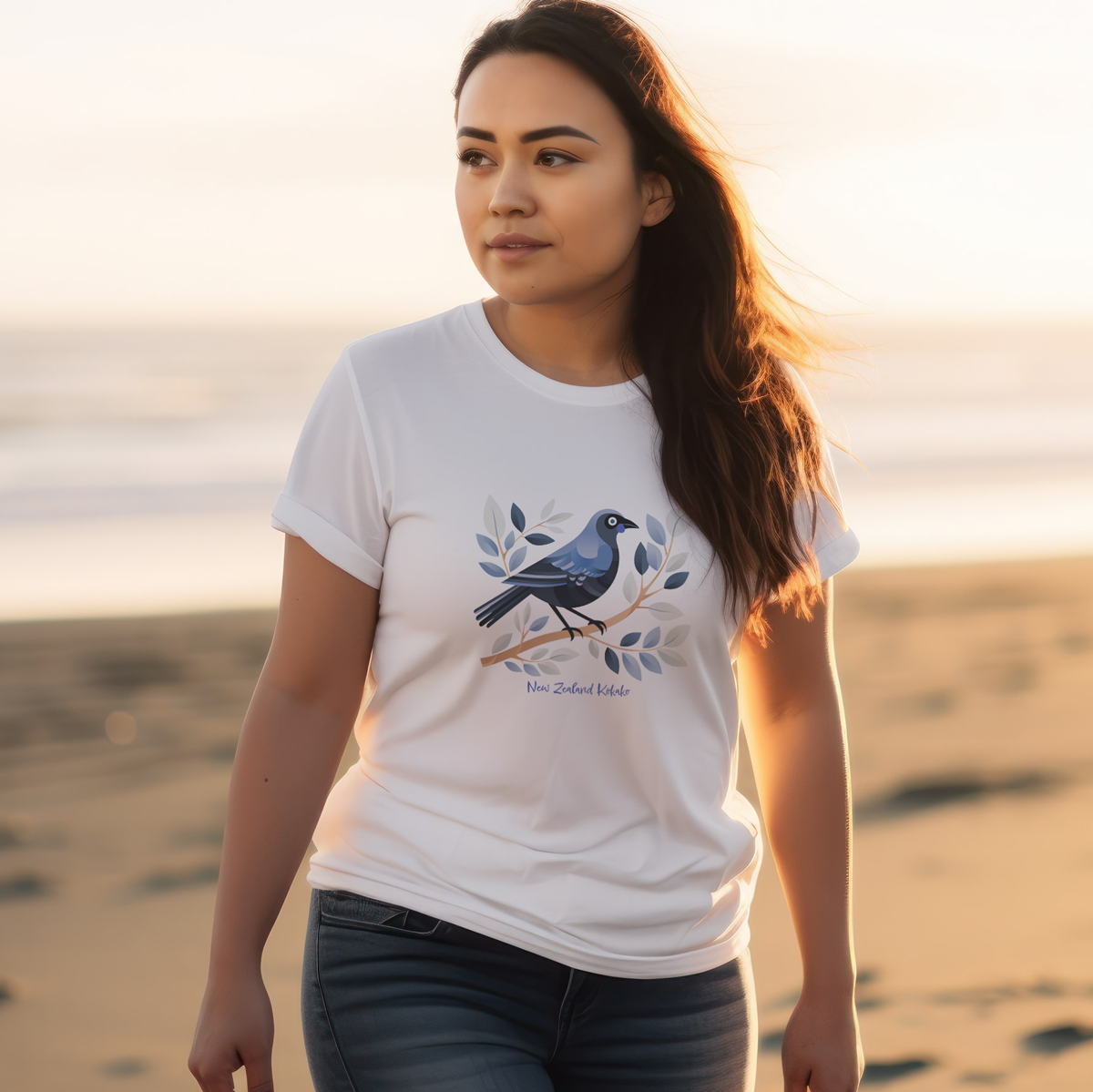 woman on the beach wearing a white t-shirt with a New Zealand Kokako bird print