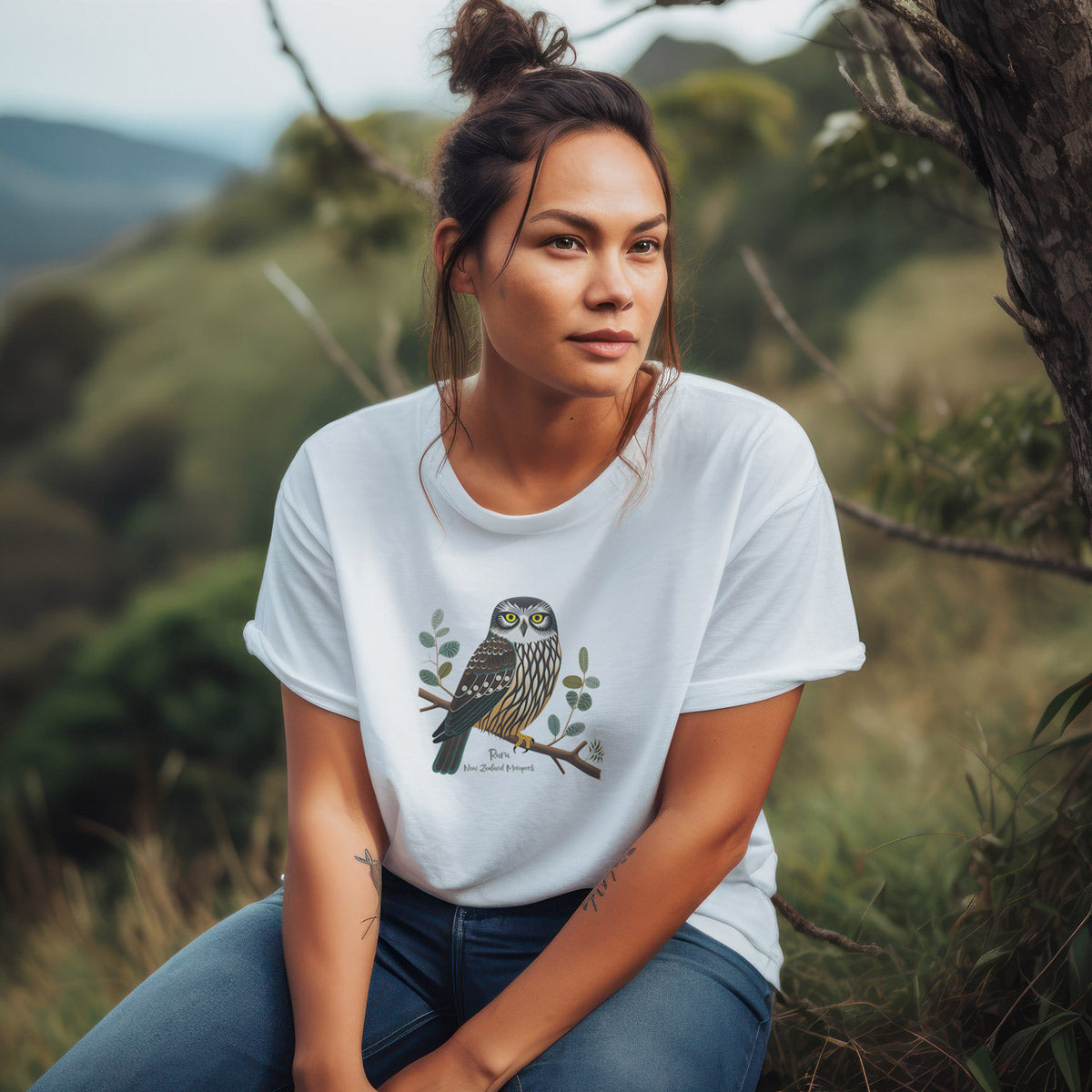 woman wearing a white t-shirt with a New Zealand Ruru Morepork print
