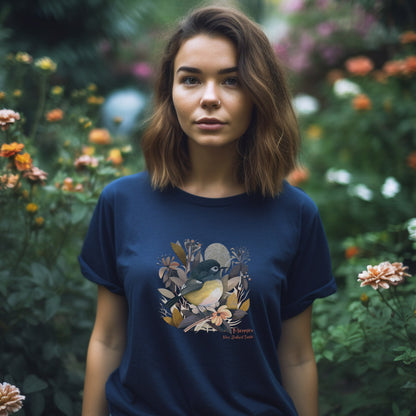Women’s crewneck t-shirt with NZ Miromiro Tomtit bird print