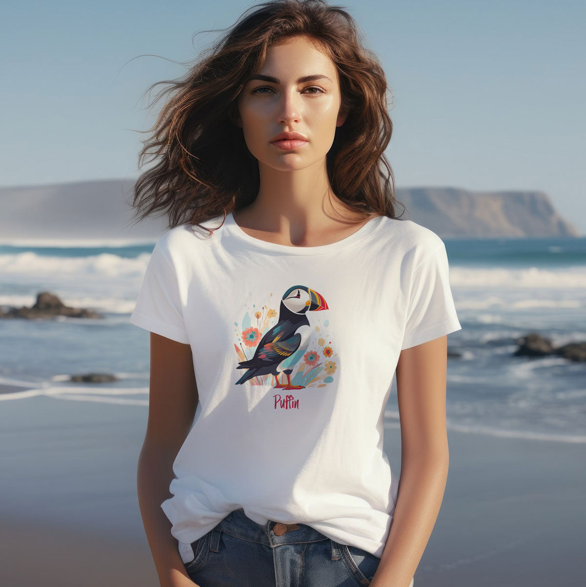 woman at the beach wearing a white t-shirt with a puffin bird print