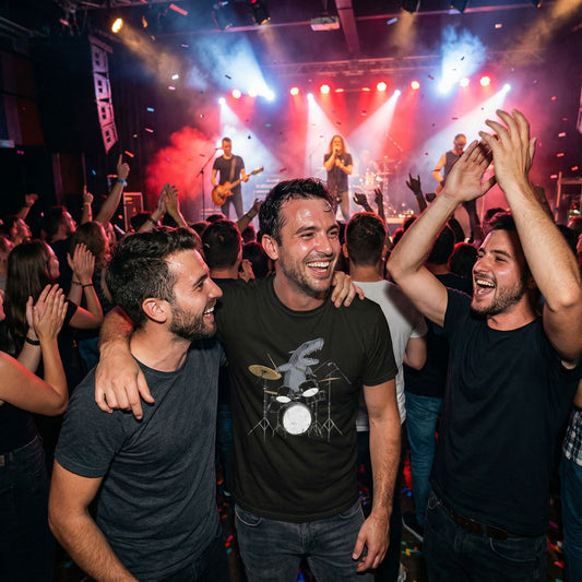 Man at a live concert wearing a T-shirt with a shark playing drums, smiling with friends in a crowd under colourful stage lights.