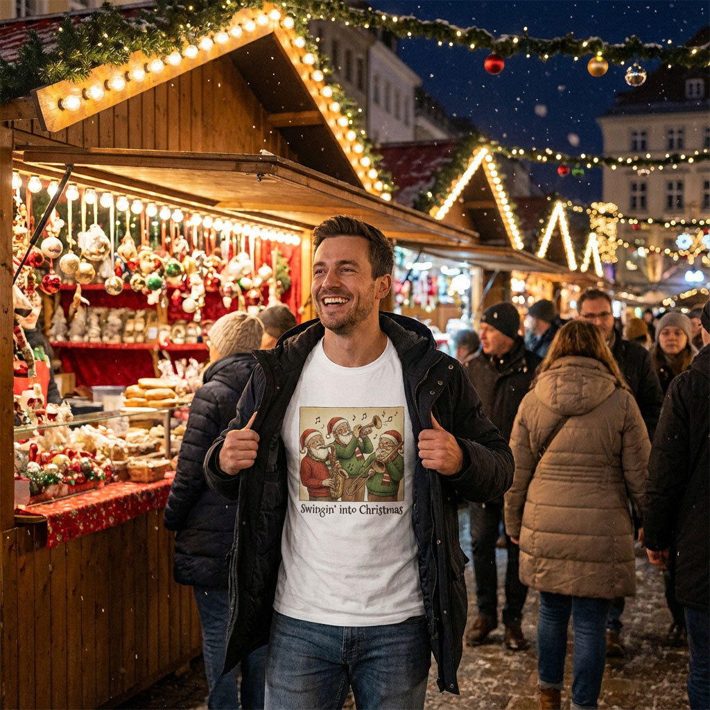 Vintage Santa jazz trio playing saxophone, trumpet and trombone with Swingin’ into Christmas text