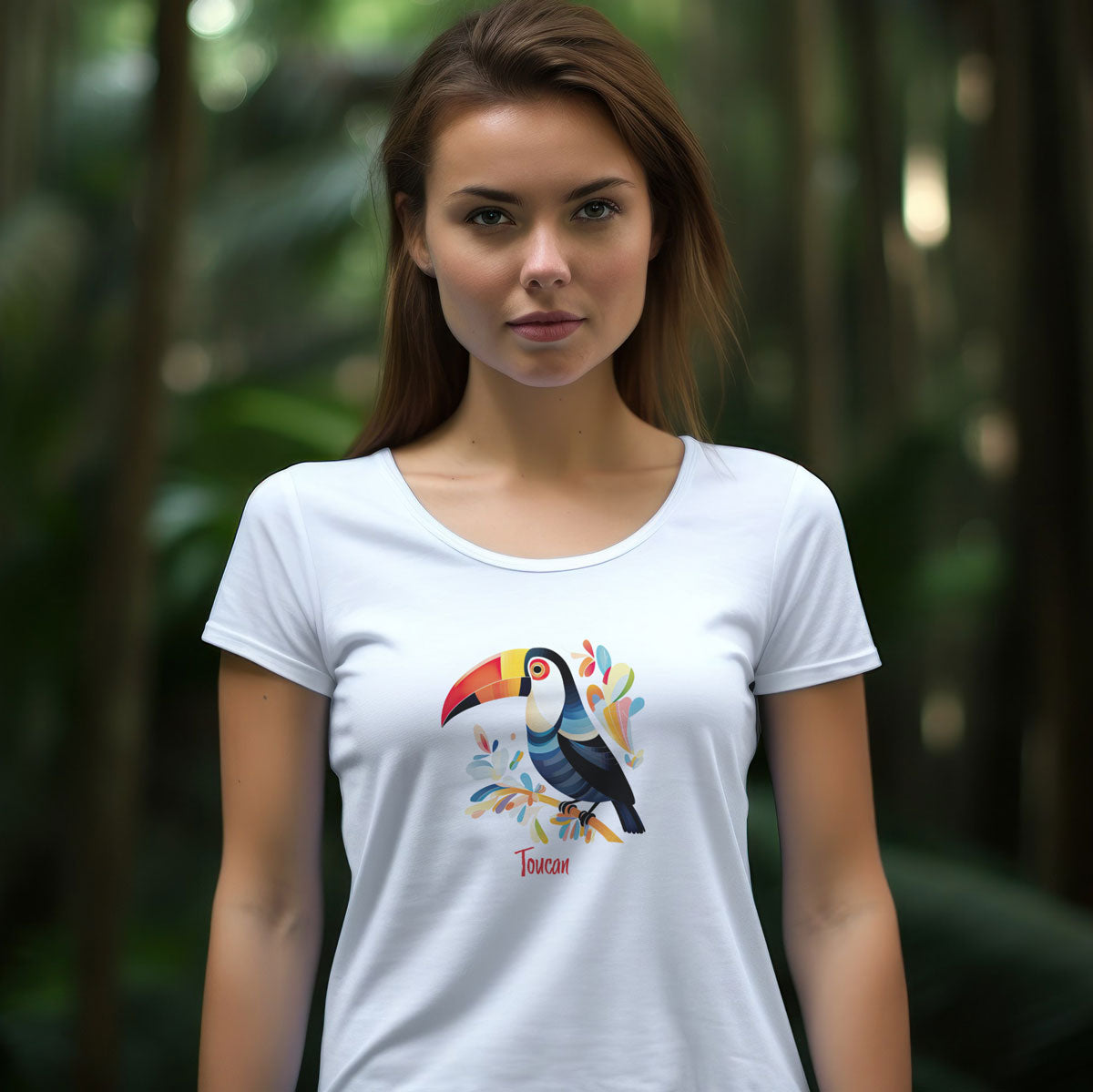 woman wearing a white t-shirt with a toucan print