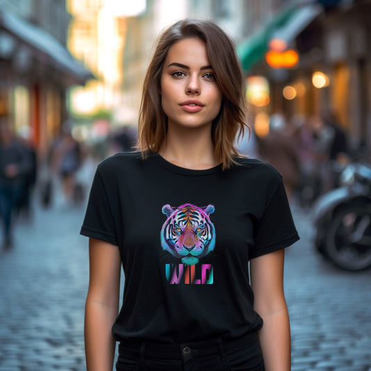 Young woman wearing a black t-shirt with wild tiger print