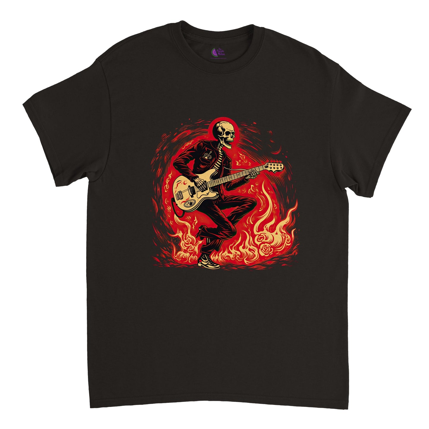 black t-shirt with flaming skeleton guitarist print