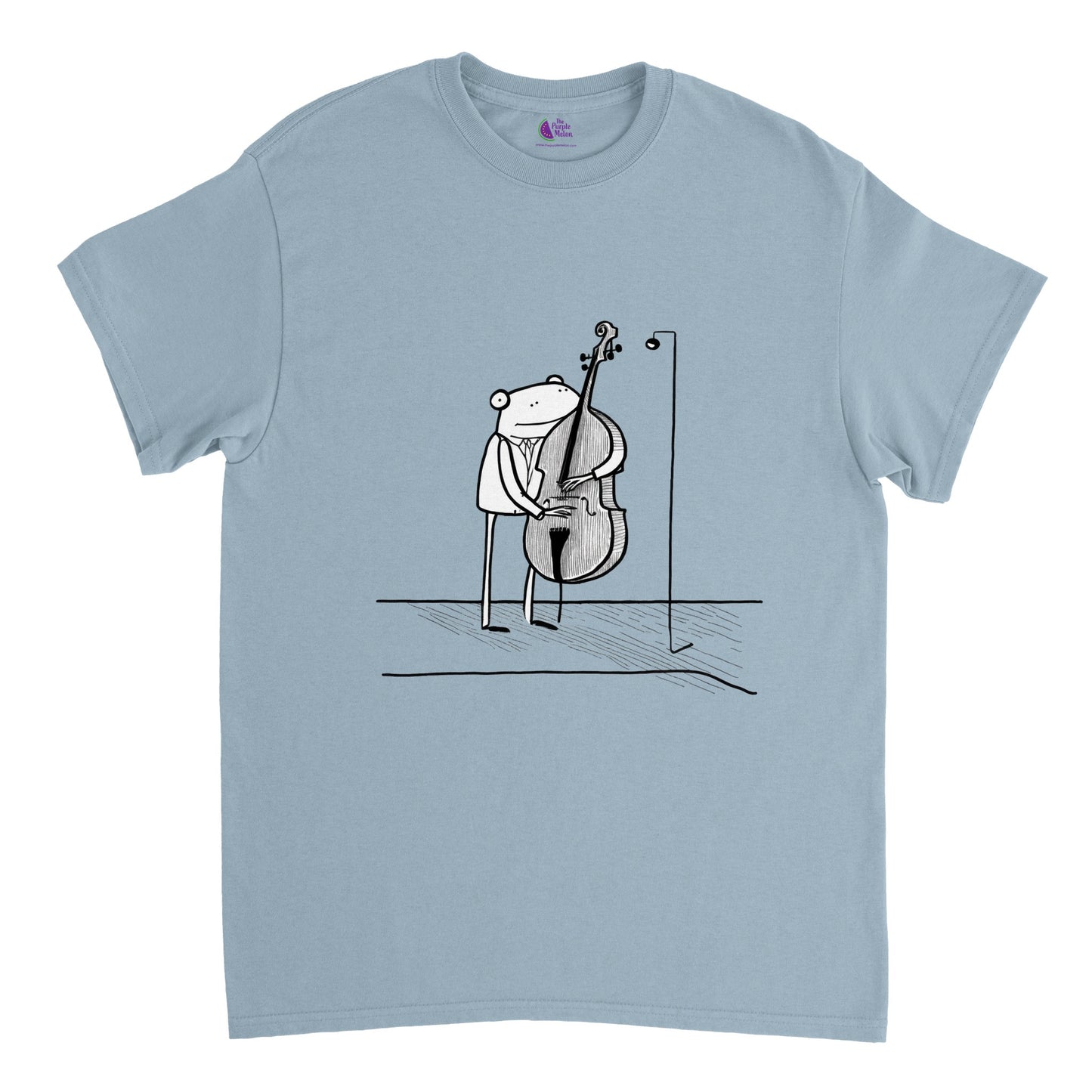 light blue t-shirt with a frog playing a double bass print