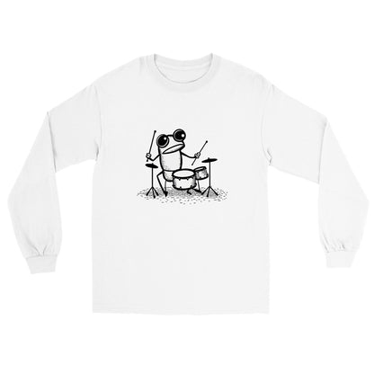 white long sleeve t-shirt with a frog playing drums print