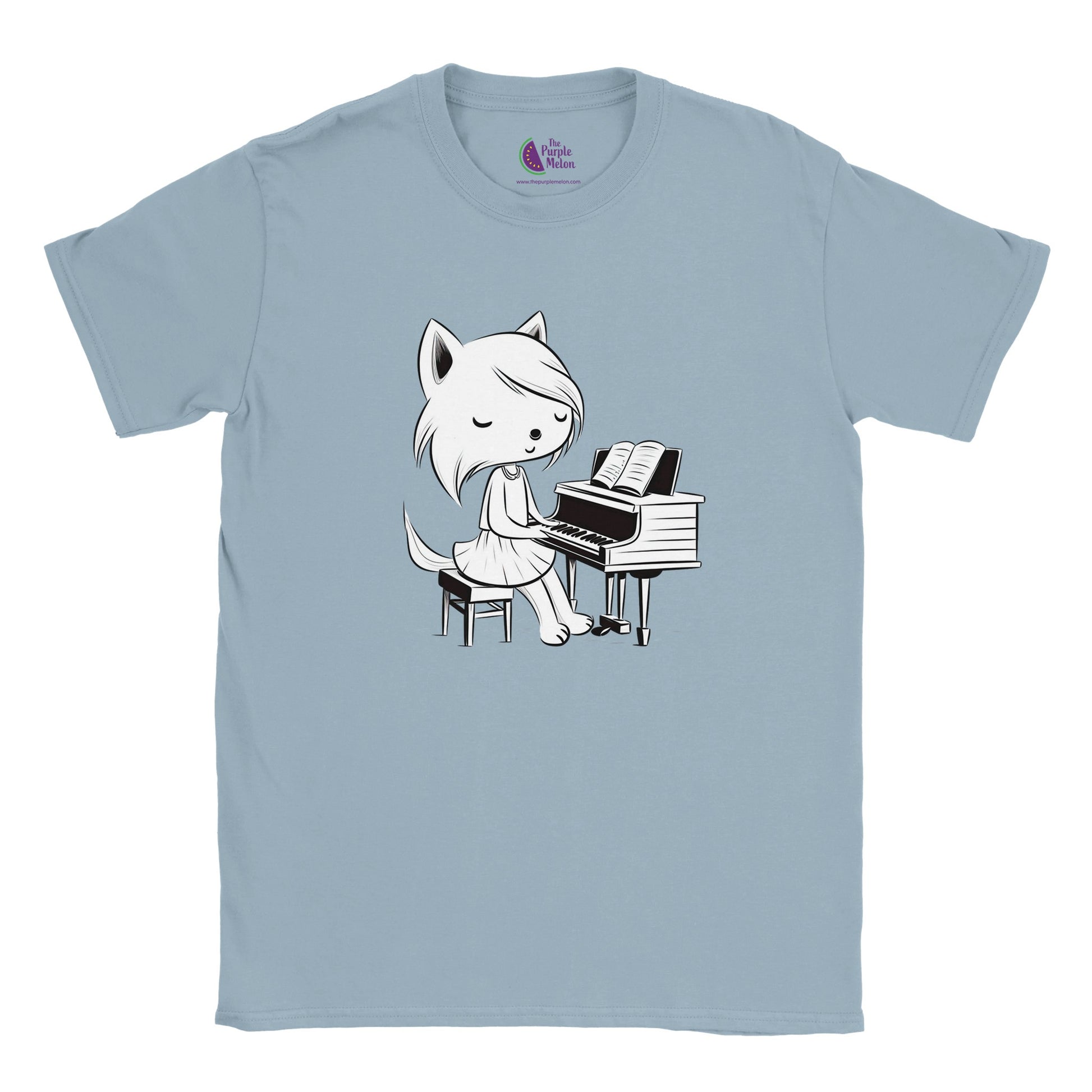 light blue kids t-shirt with cute fox playing the piano print