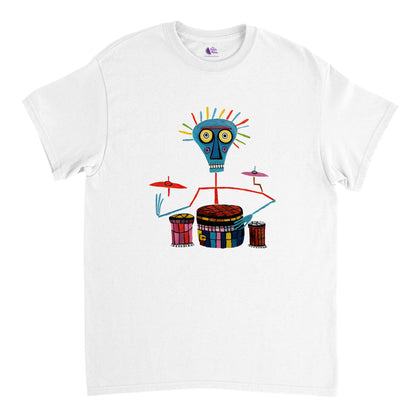 white t-shirt with an abstract print of a bongo player