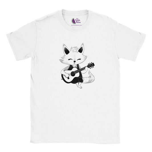 white kids t-shirt with cute fox playing guitar print