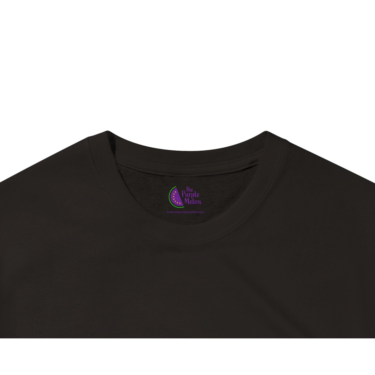 black t-shirt neck label with the purple melon logo