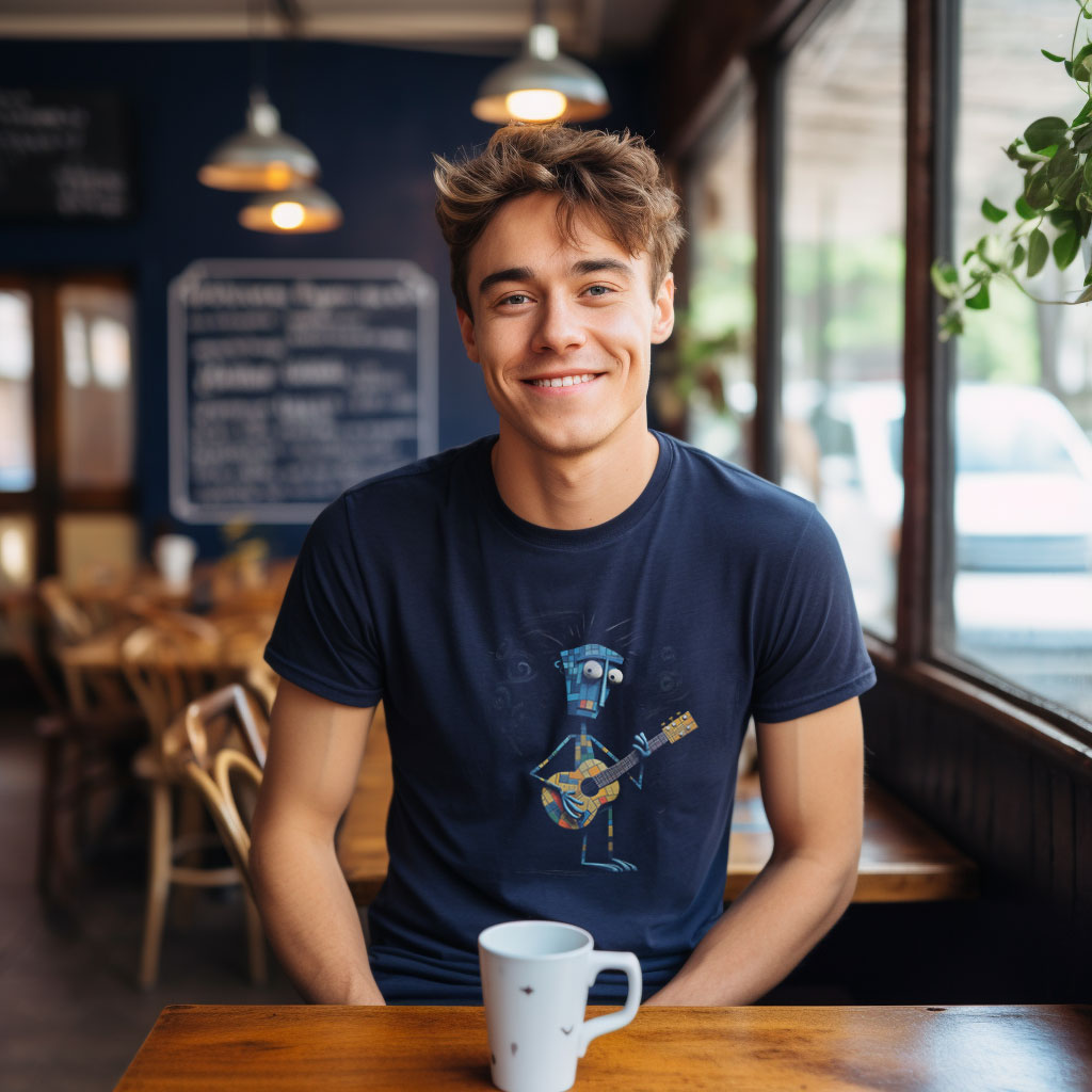 guy in a cafe wearing a navy blue t-shirt with an abstract character playing guitar print