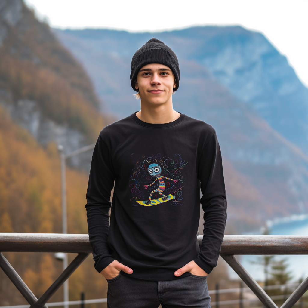 a guy wearing a black beanie and a black long sleeve t-shirt with an abstract snowboarder print