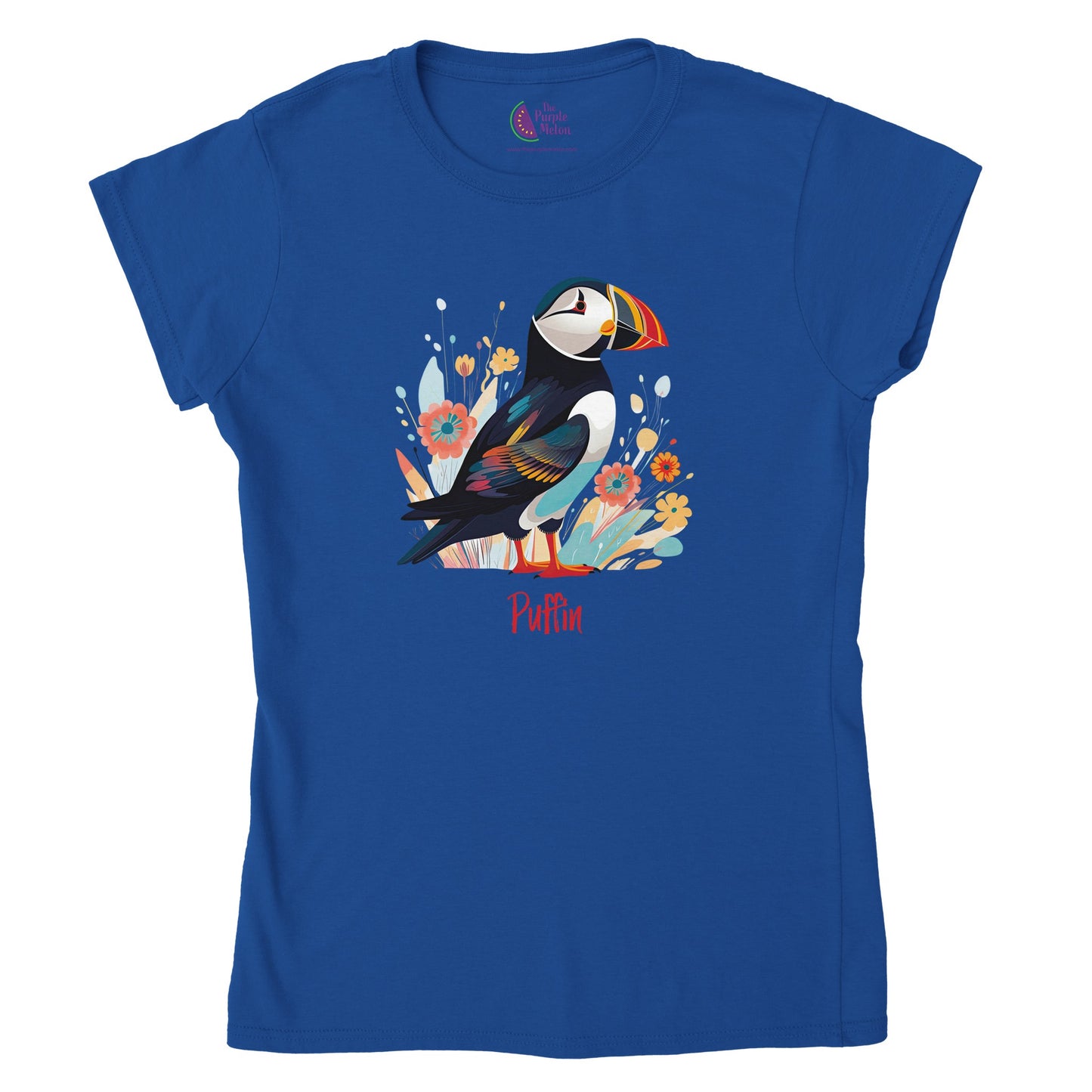 royal blue t-shirt with a puffin bird print