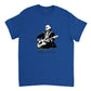 royal blue t-shirt with print of George Washington playing the guitar and the caption United We Jam