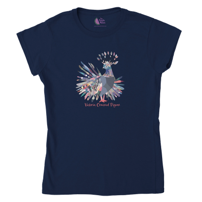 navy t-shirt with a victoria crowned pigeon design