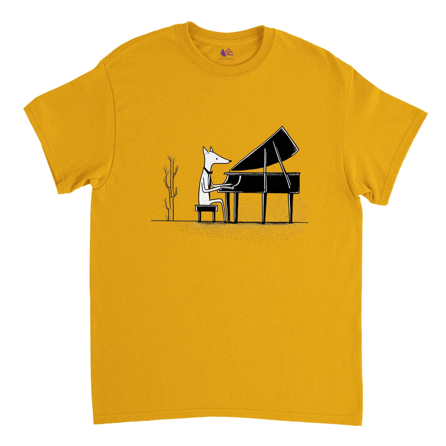 Gold t-shirt with a fox playing piano print