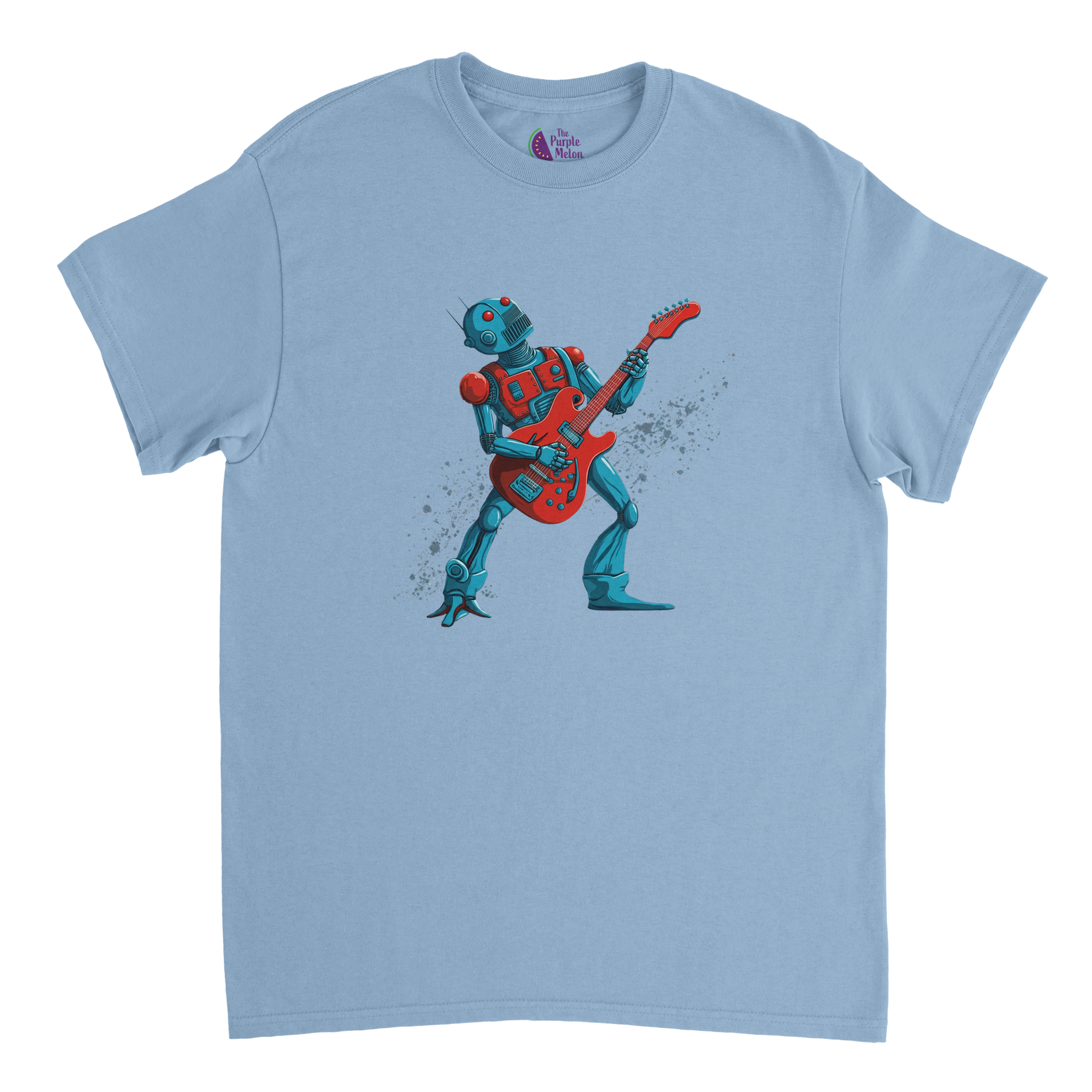 Light blue unisex T-shirt featuring a colourful cartoon robot rocking out on an electric guitar with a dynamic splatter effect behind it.