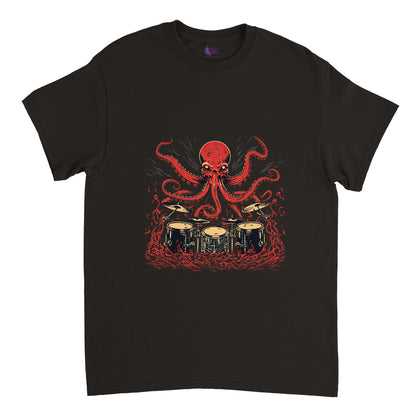 black t-shirt with an octopus playing the drums print