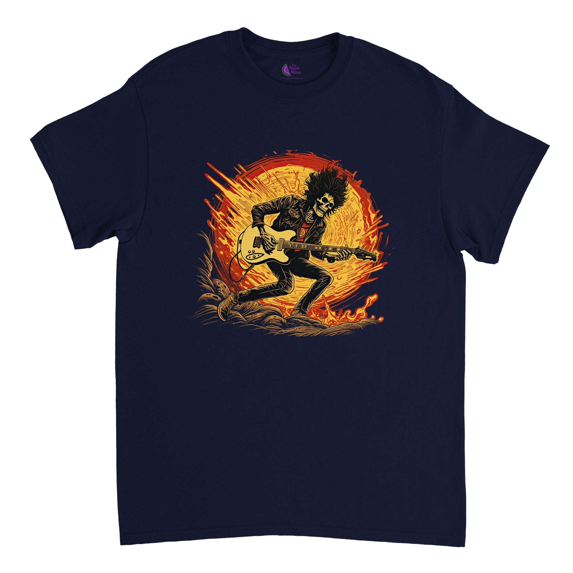 Navy blue t-shirt with a crazy skeleton guitarist print