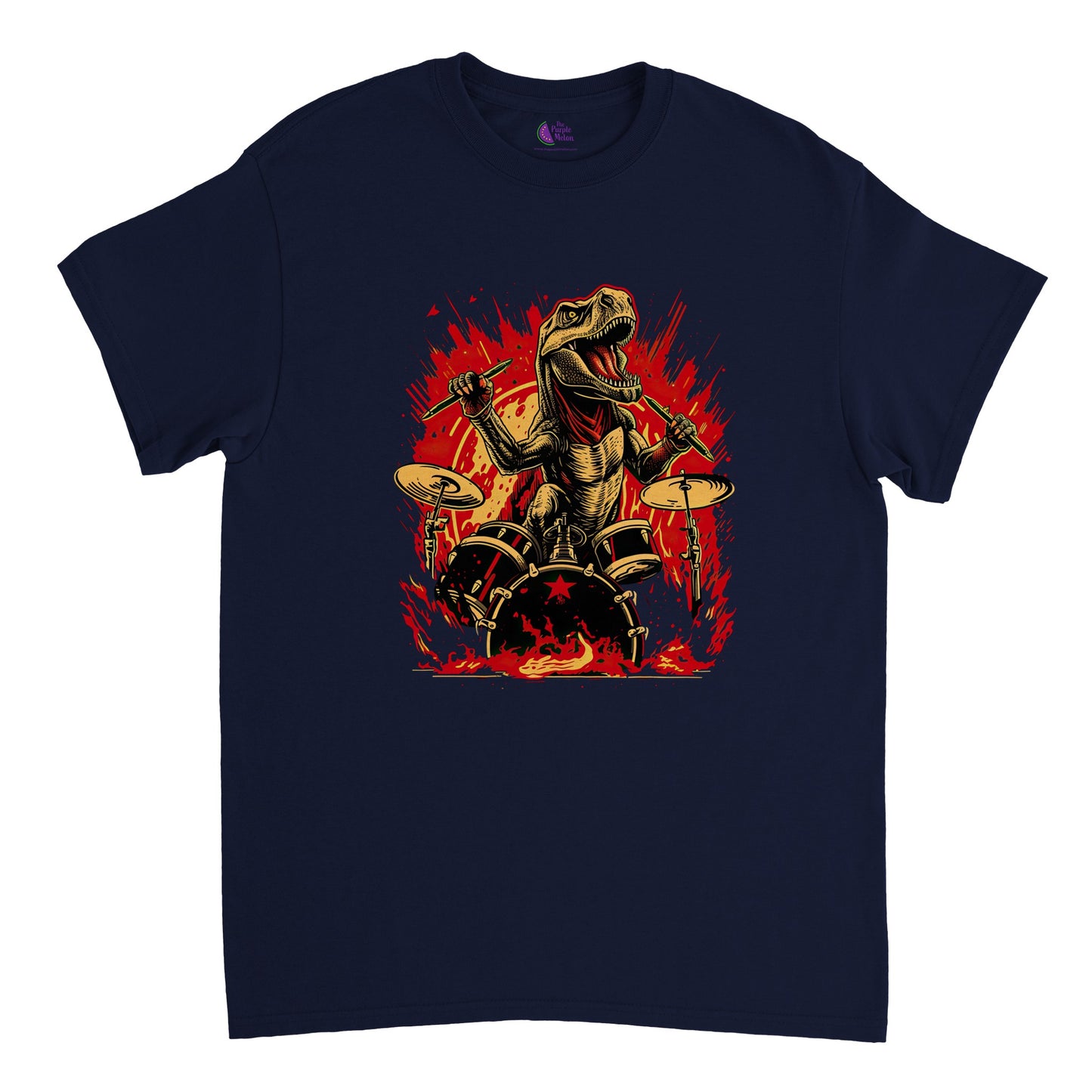 Navy blue t-shirt with t-rex drummer print