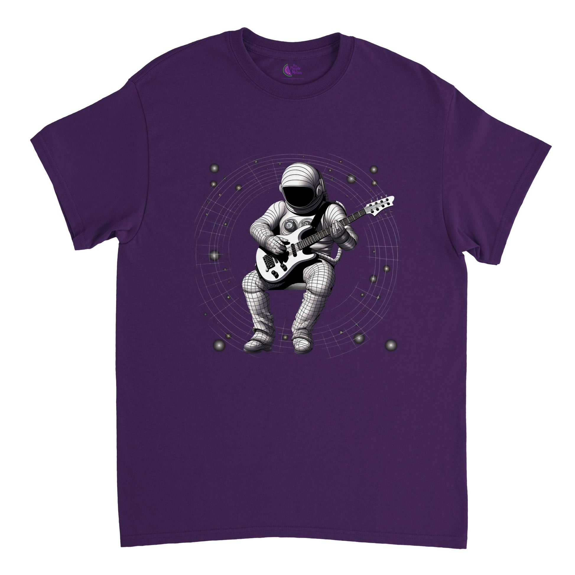 purple t-shirt with astronaut playing guitar in space