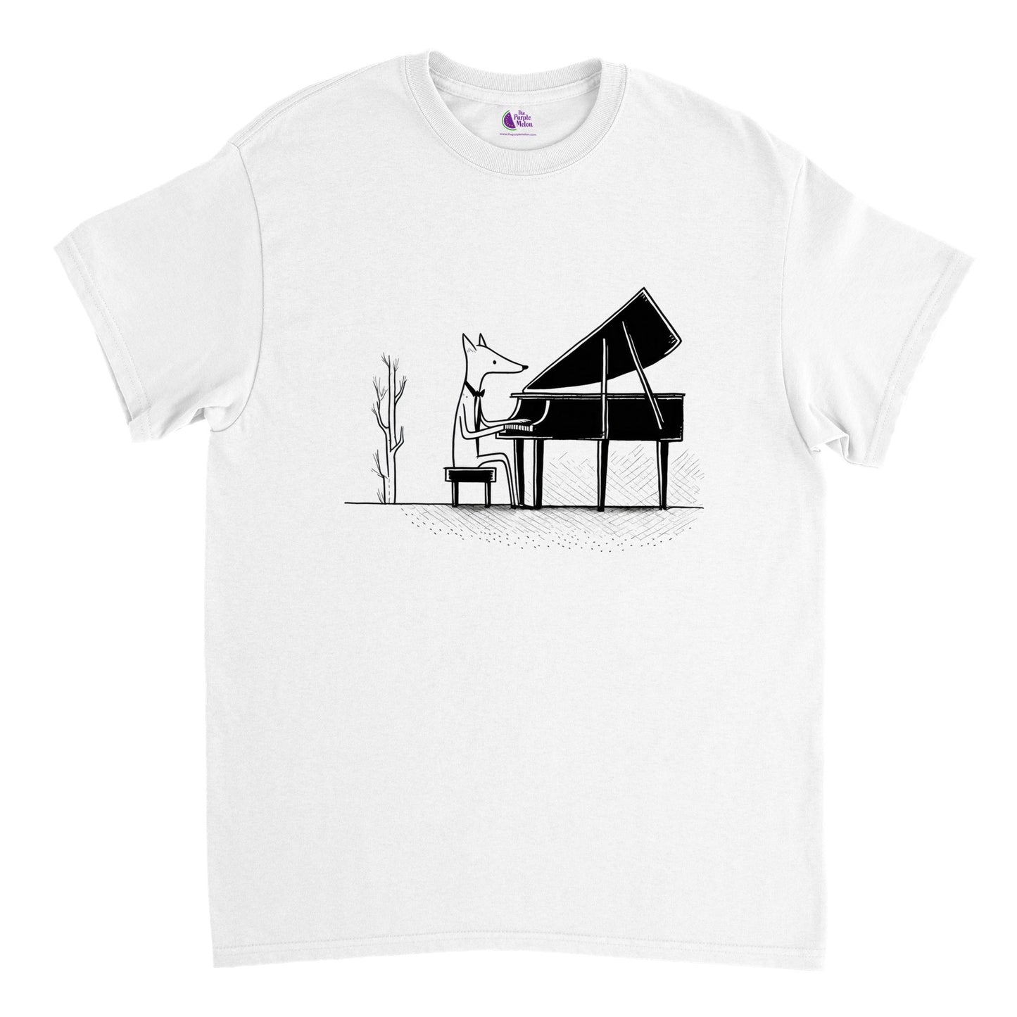 white t-shirt with a fox playing piano print