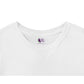 white t-shirt neck label with the purple melon logo