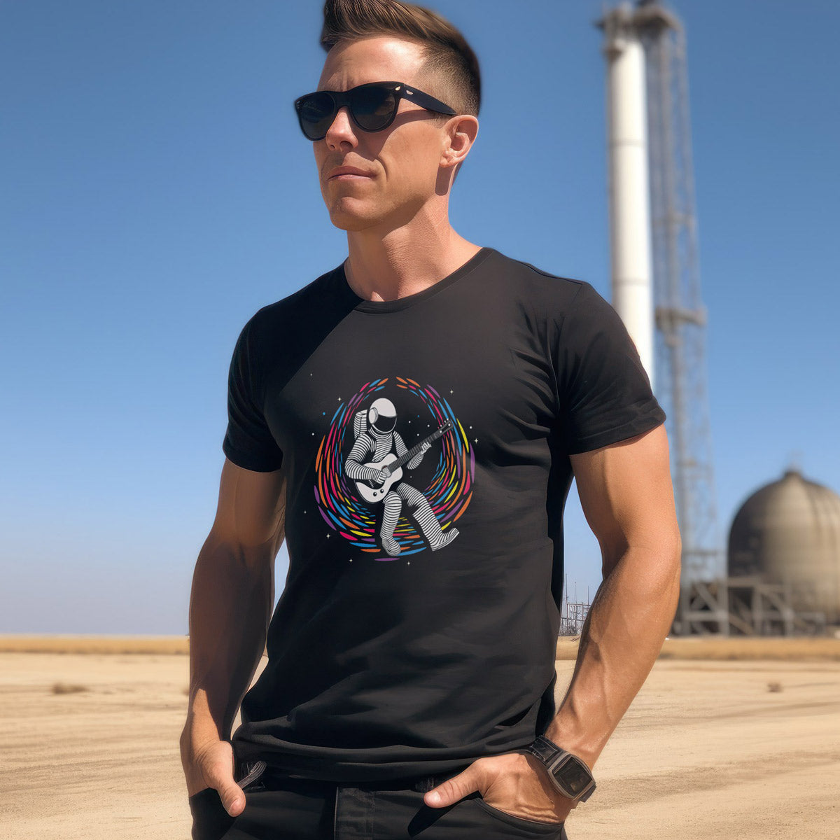 Guy standing at a rocket launch site wearing a black t-shirt with a guitar playing spaceman floating in space 