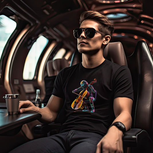 Guy in a spaceship wearing a black t-shirt with a spaceman playing the cello print