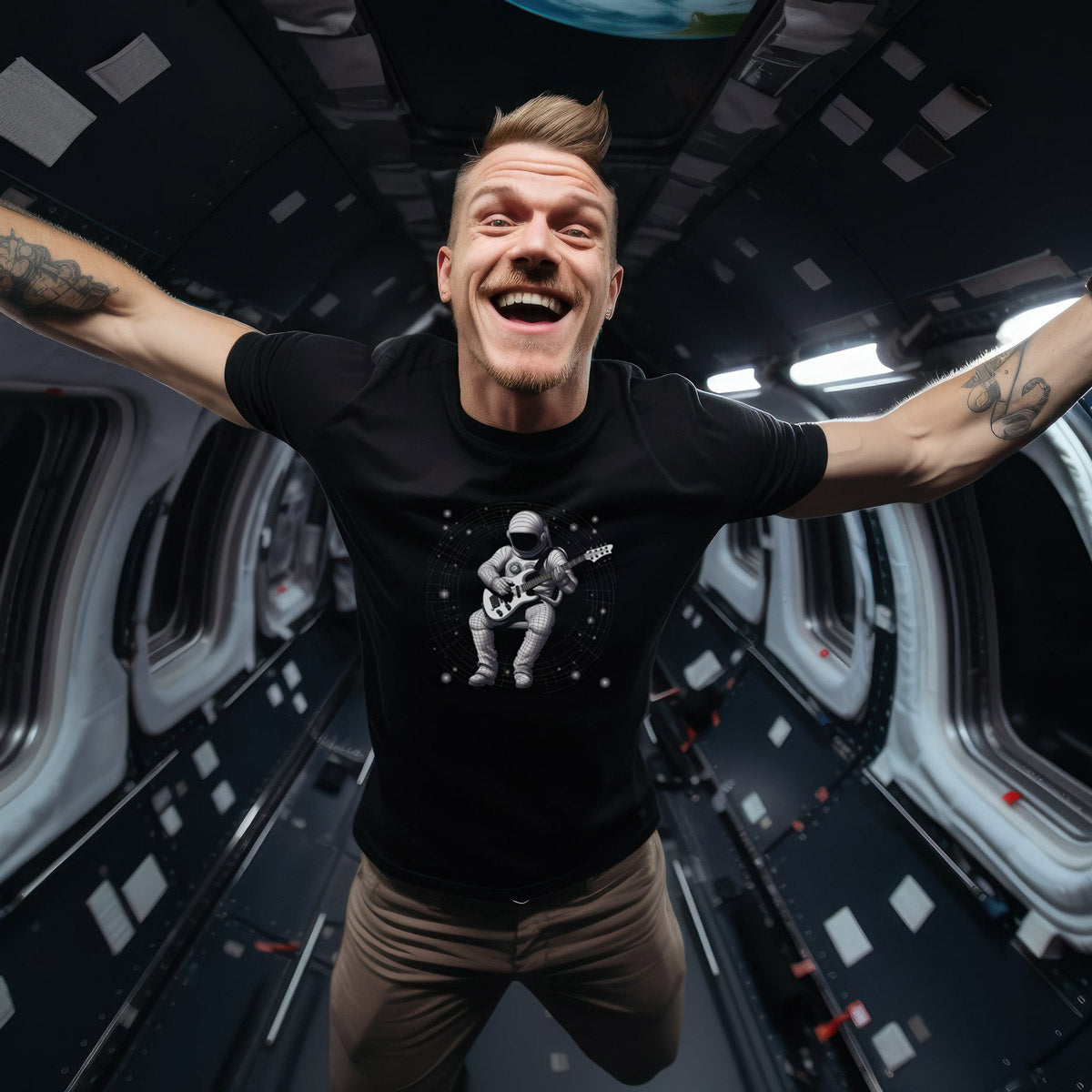 Guy in the international space station wearing a black t-shirt with astronaut playing guitar in space