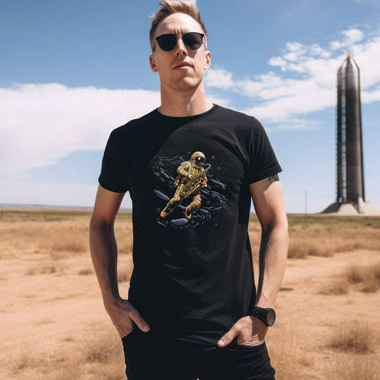 Guy standing at rocket launch site wearing a black t-shirt with a saxophone playing spaceman print