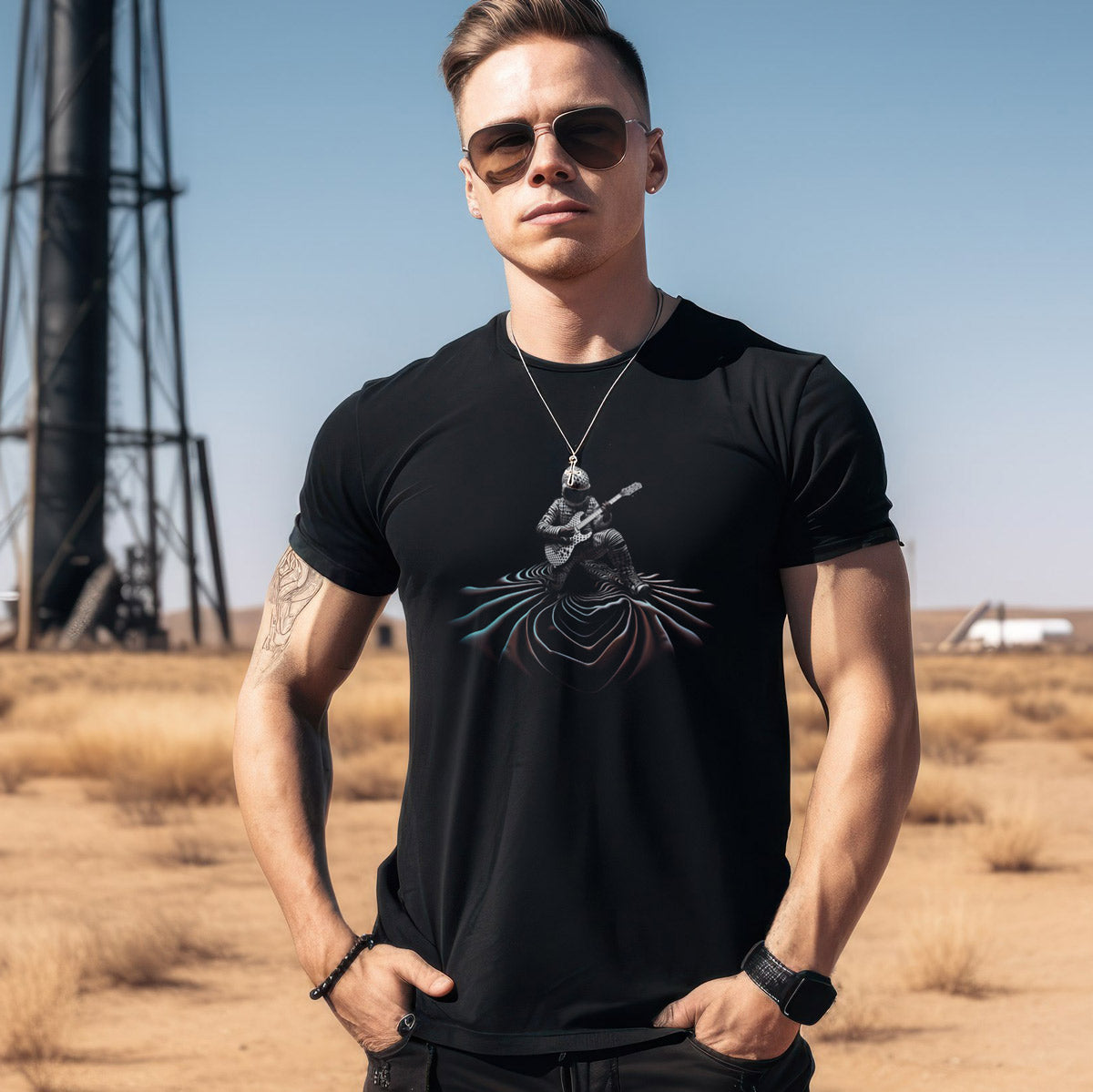 A guy standing in front of a rocket launch pad wearing a black t-shirt with a guitar playing spaceman print
