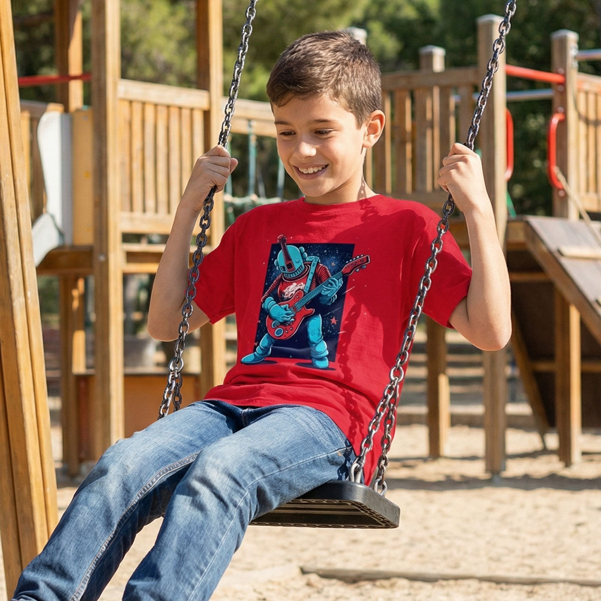 Space Robot Playing Guitar Classic Kids Crewneck T-shirt