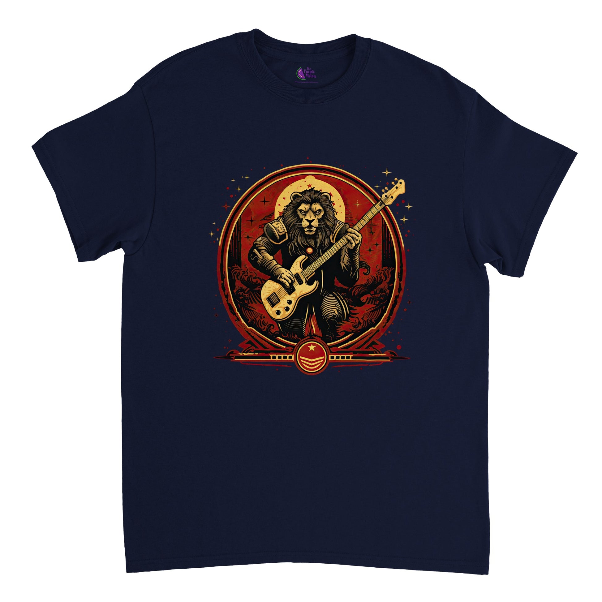 Navy blue t-shirt with a warrior ion bassist print