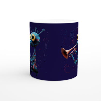 abstract trumpeter print on a navy blue mug